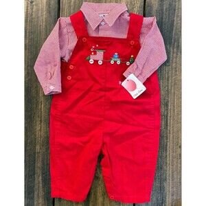 Petit Ami Boutique 2pc Christmas Train Red Overalls & Plaid Shirt Boys 6 mos New